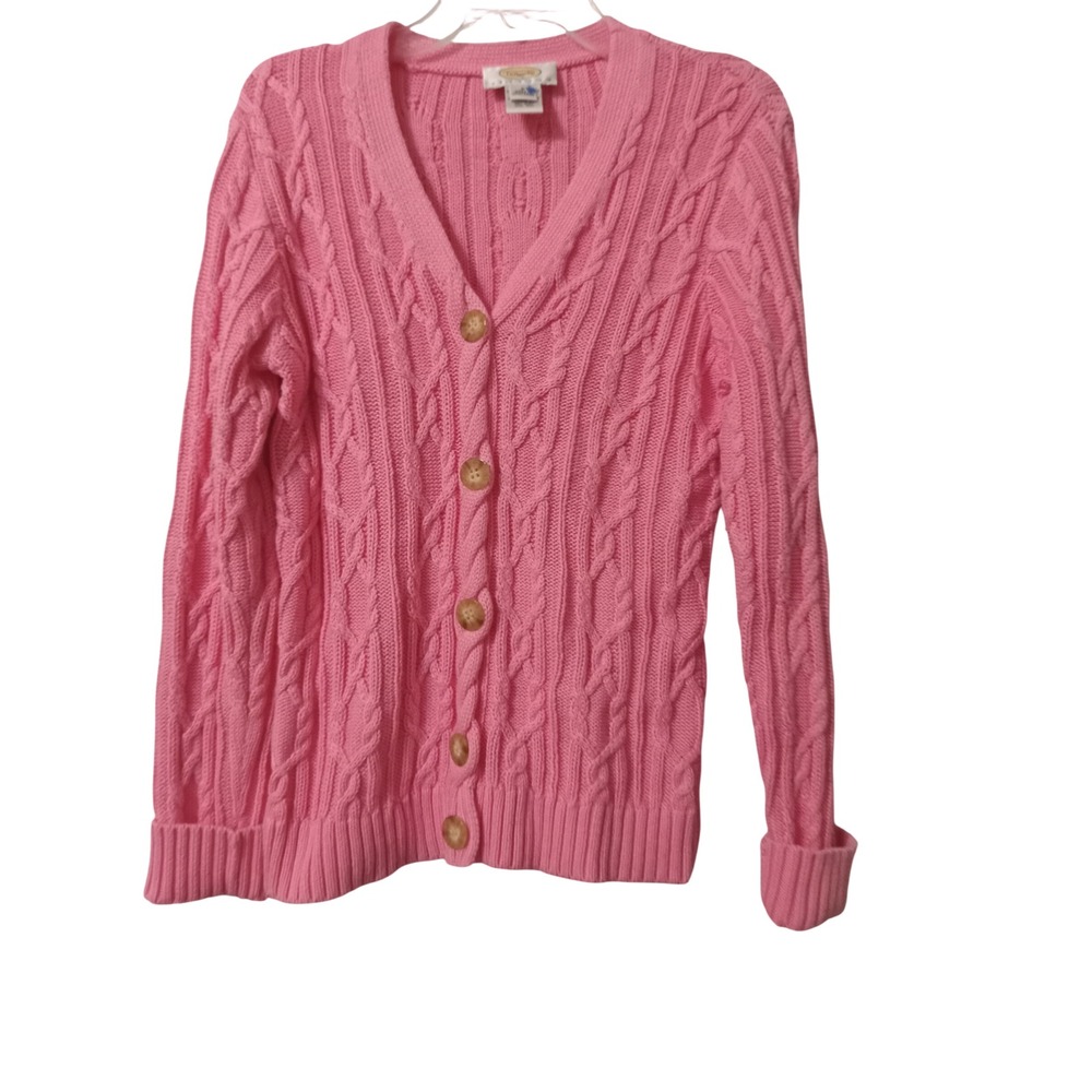Talbots Petites Pink Cable Knit Cardigan Sweater 100% Cotton V-Neck Petite